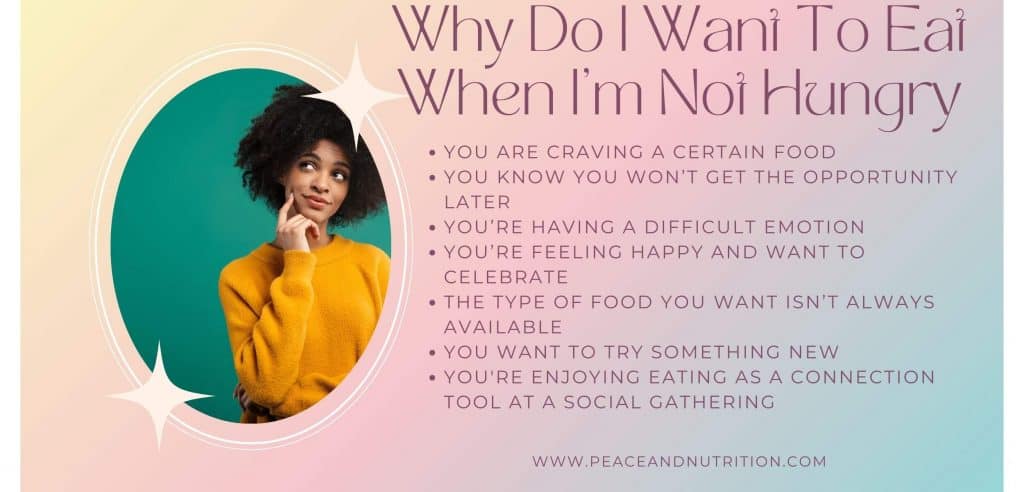 infographic on wanting to eat when not hungry with a woman in yellow shirt and brown hair