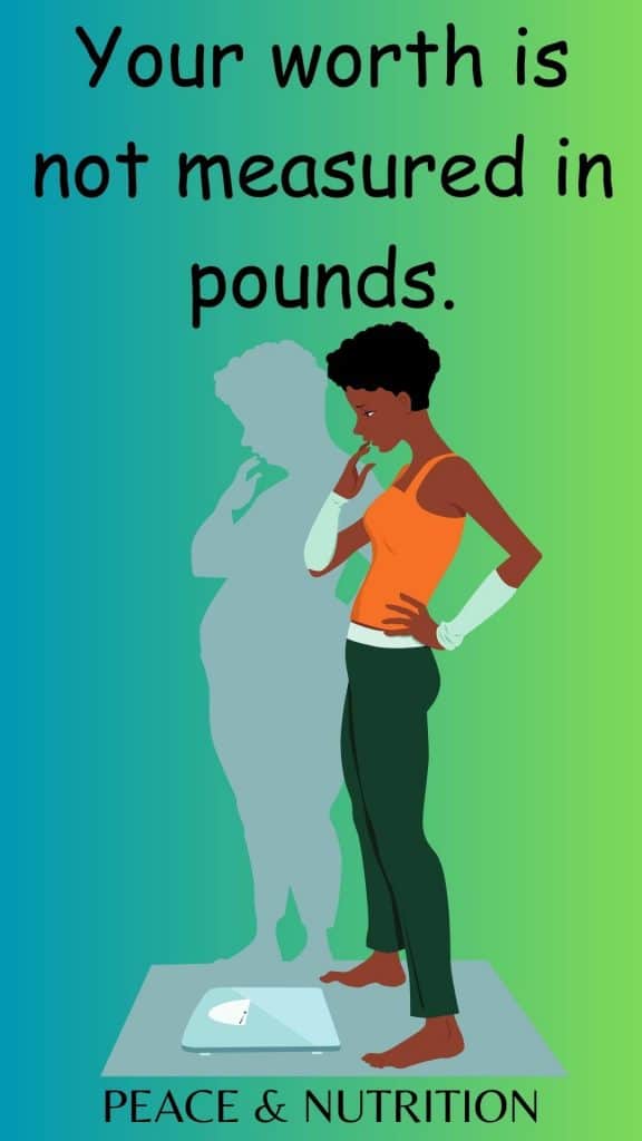 infographic of a woman on the scale in thought