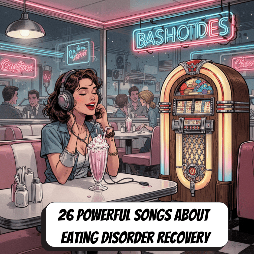 woman at a retro diner with a jukebox in the background, headphones, and a milkshake