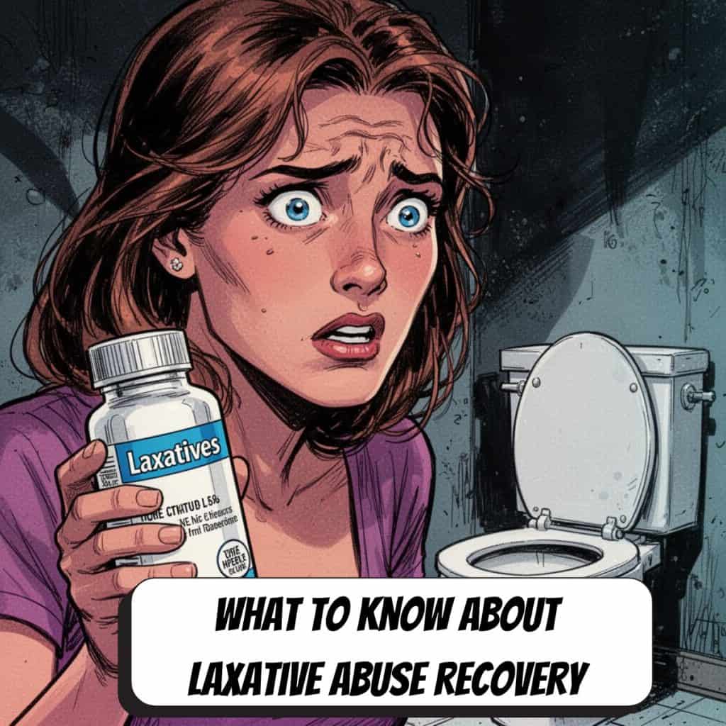 comic book woman holding a bottle of laxatives looking anxious with toilet in the background
