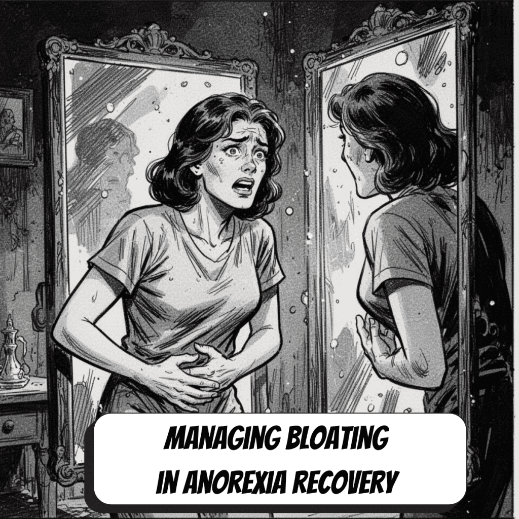 black an white comic book image of a bloated woman looking in the mirror